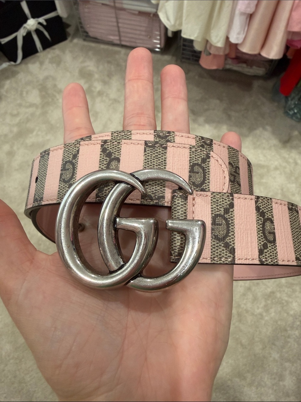 Gucci Pink GG Supreme Stripe Belt with Silver Double G Buckle - Picture 2 of 8